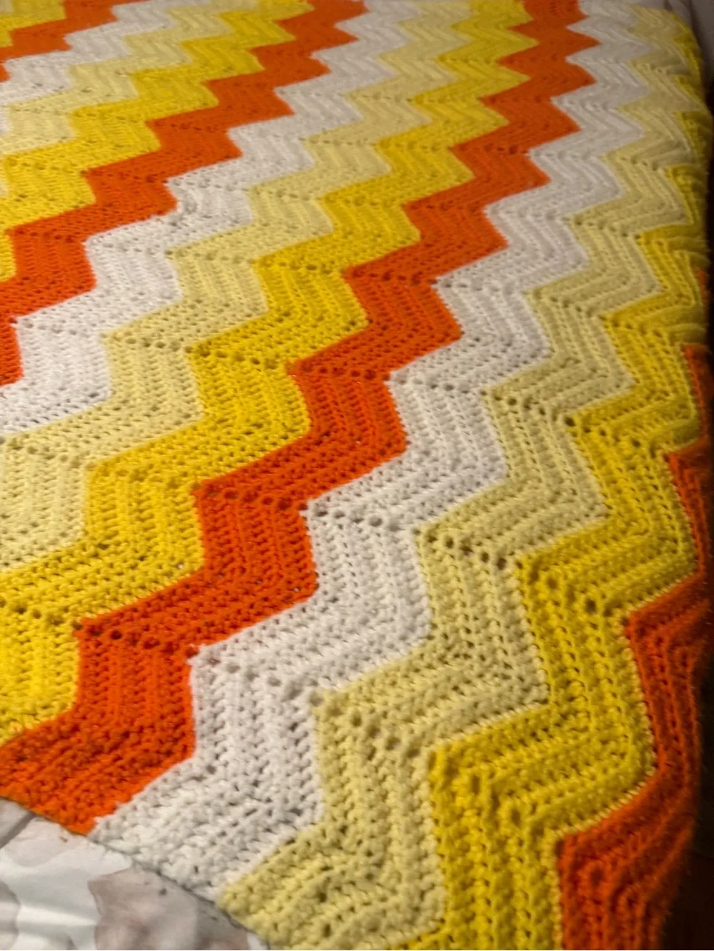 Vibrant Handmade Chevron Crochet Throw Blanket - Orange, Yellow & White Vintage